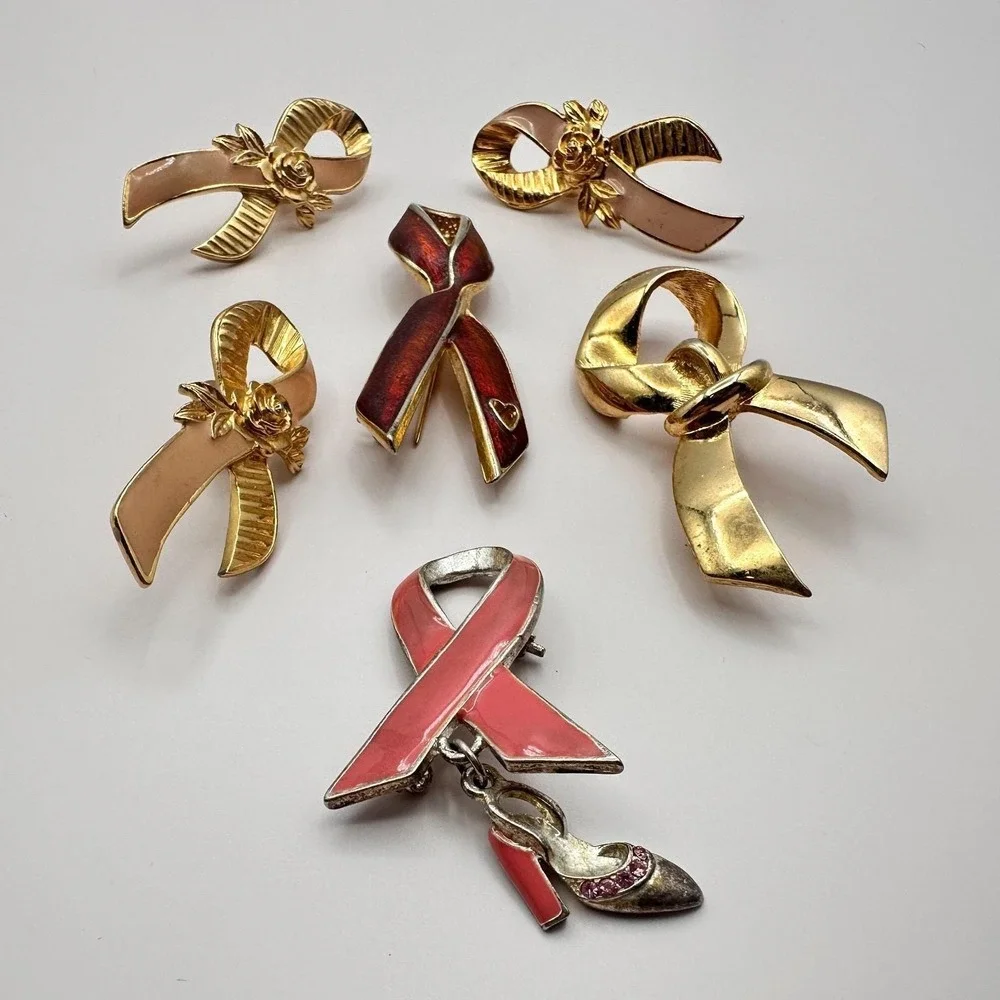 Vintage‎ 90s Awareness Ribbon Enamel Gold Tone Brooch Pins Set Classic Jewelry